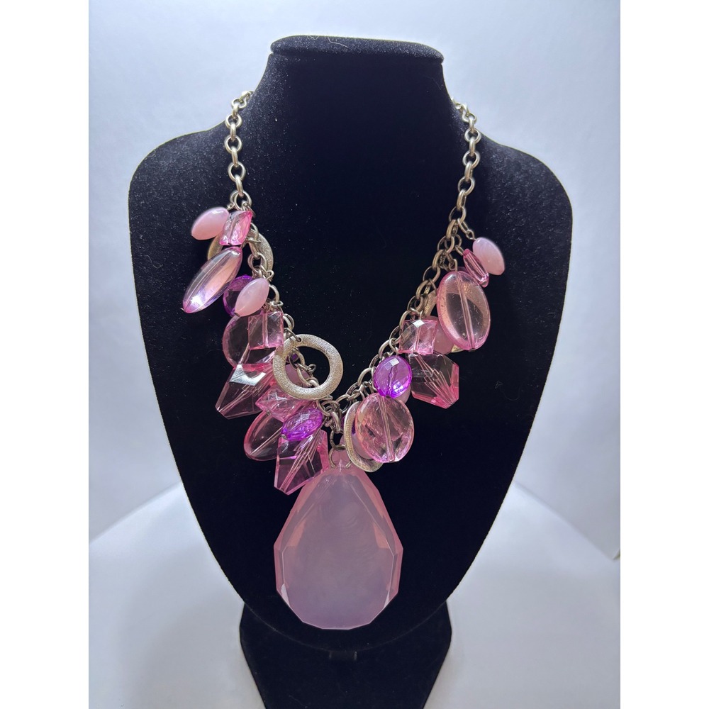 Pink Purple Chunky Statement Necklace Silver Tone Faceted Bead Teardrop Pendant